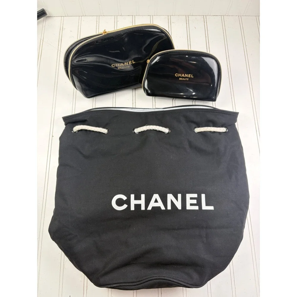 Chanel CC Logo Vintage Canvas Drawstring Bucket Bag Backpack & Two Cosmetic Bags